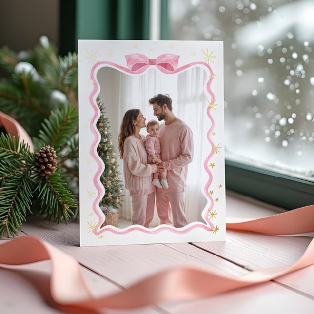 Fun Retro Wavy Pink Ribbon & Stars Photo Christmas (Fun Retro Wavy Pink Ribbon & Stars Photo Christmas Foil Holiday Card)