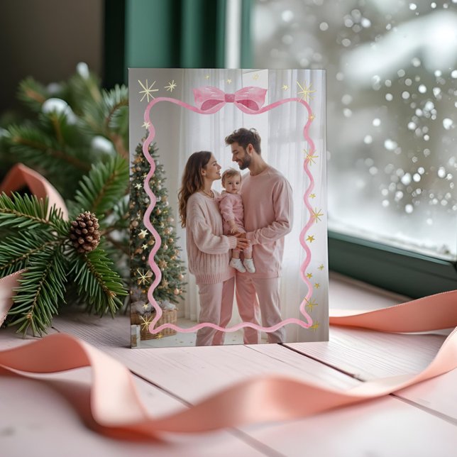 Fun Retro Wavy Pink Ribbon & Stars Photo Christmas ( Fun Retro Wavy Pink Ribbon & Stars Photo Christmas Foil Holiday Card)