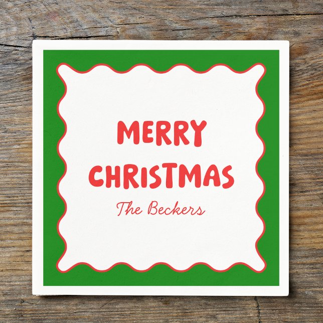 Fun Retro Wavy Red and Green Custom Chic Christmas Napkin (Creator Uploaded)