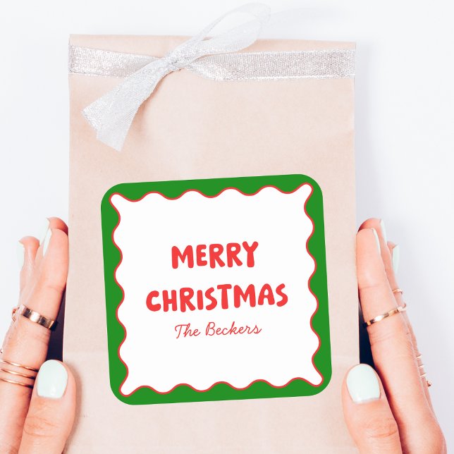 Fun Retro Wavy Red and Green Custom Chic Christmas Square Sticker (Creator Uploaded)