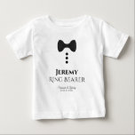 Fun Ring Bearer Black Tie Wedding Toddler T-shirt<br><div class="desc">These fun t-shirts are designed as favours or gifts for wedding ring bearers. The t-shirt is white and features an image of a black bow tie and three buttons. The text reads Ring Bearer, and has a place to enter his name as well as the wedding couple's name and wedding...</div>