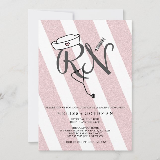 FUN RN graduation invites blush pink glitter (Front)