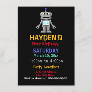 Fun Robot First Birthday Party Invitation