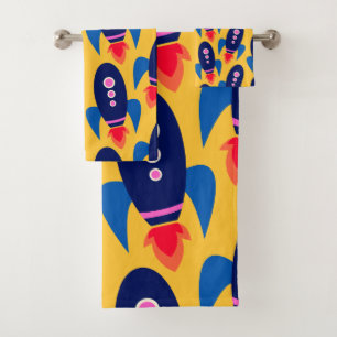 Fun Rocket Spaceship Astronaut Pattern in Yellow Bath Towel Set