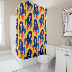Fun Rocket Spaceship Astronaut Pattern in Yellow Shower Curtain