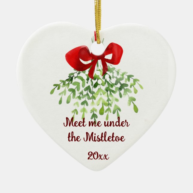 Fun Romantic Meet Under Mistletoe Quote Christmas  Ceramic Tree Decoration (Front)