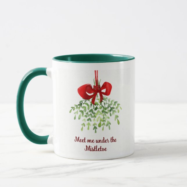 Fun Romantic Meet Under Mistletoe Quote Christmas Mug (Left)