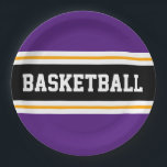 Fun Royal Purple Black Yellow BASKETBALL Stripes Paper Plate<br><div class="desc">This sporty design features bold BASKETBALL text inside a wide black horizontal centre racing stripe highlighted with twin floating white pinstripes against royal purple outer stripes.  The text can be personalised.</div>