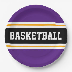 Fun Royal Purple Black Yellow BASKETBALL Stripes Paper Plate