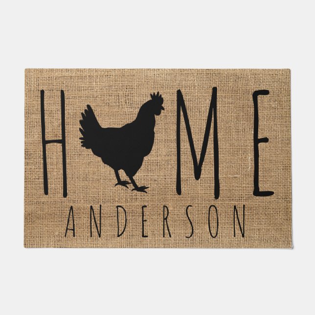 Fun Rustic Country Faux Burlap Chicken Silhouette  Doormat (Front)