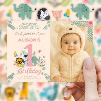 Fun Safari Adventure for First Birthday with Photo Invitation