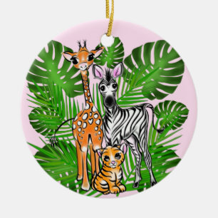 Fun Safari friends giraffe zebra tiger palm leaves Ceramic Tree Decoration