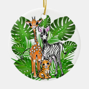 Fun Safari friends giraffe zebra tiger palm leaves Ceramic Tree Decoration