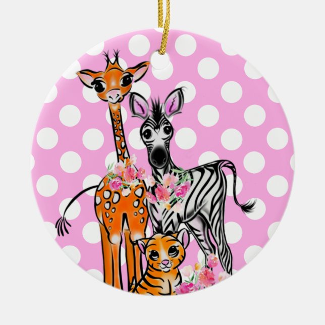 Fun Safari friends giraffe zebra tiger pink polka Ceramic Tree Decoration (Front)
