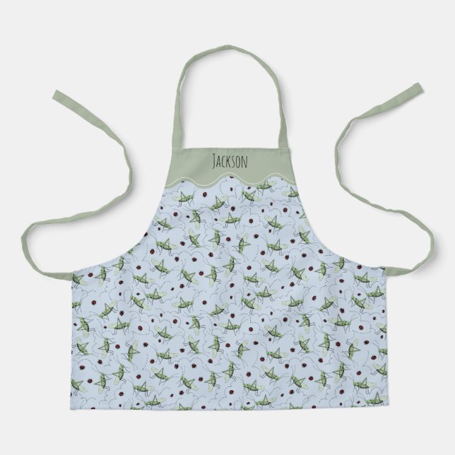 Fun Sage Green & Blue Grasshoppers Kids Gardening Apron (Front)