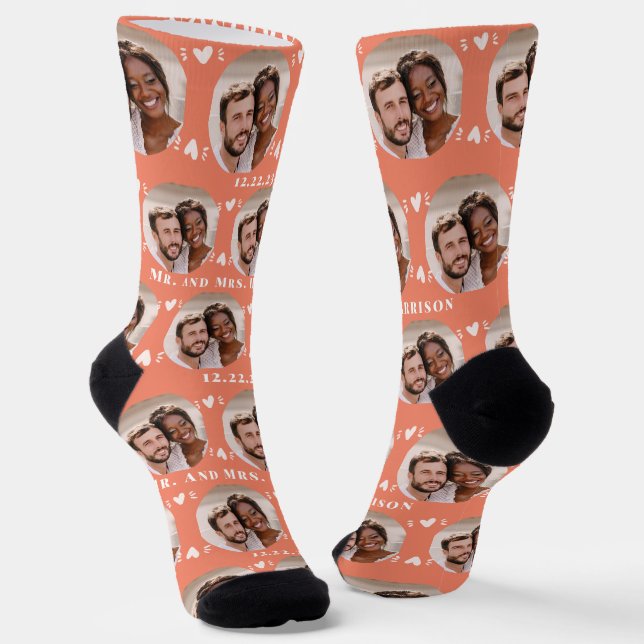 Fun Salmon Newlyweds Photo Pattern Socks (Angled)