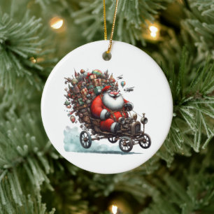 Fun Santa Claus in an Old Go Kart Customised Ceramic Tree Decoration