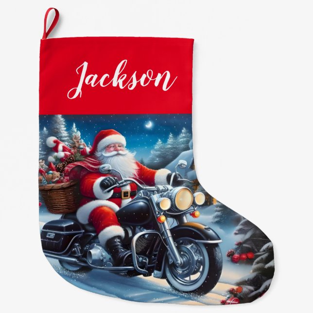 Fun Santa Claus Riding a Motorcycle Large Christmas Stocking (Front)