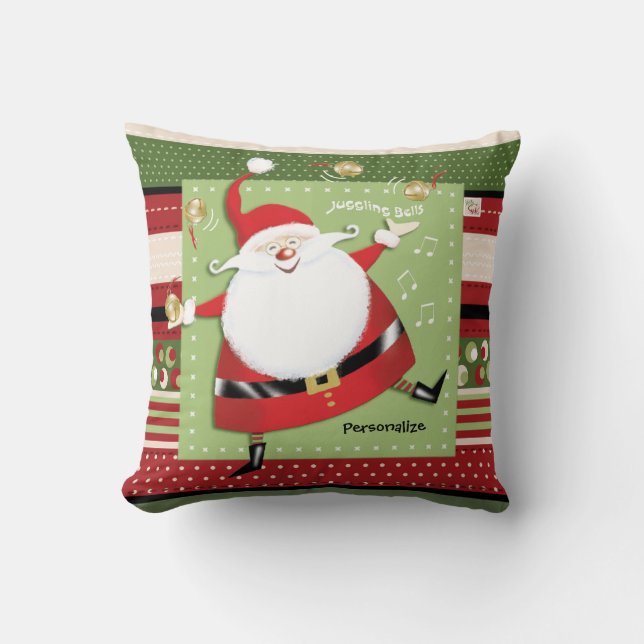 Fun Santa Juggling Sleigh Bells Pillow (Front)
