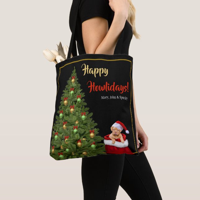 Fun Santa Puppy Christmas Tree Red Poinsettias Tote Bag (Close Up)
