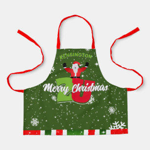 Fun Santa with Snowflakes on GREEN Merry Christmas Apron