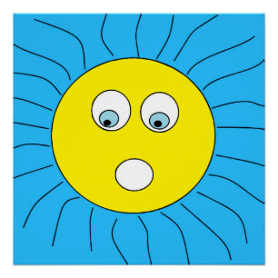 Fun Scared Expression Sun Face Drawing Blue Poster