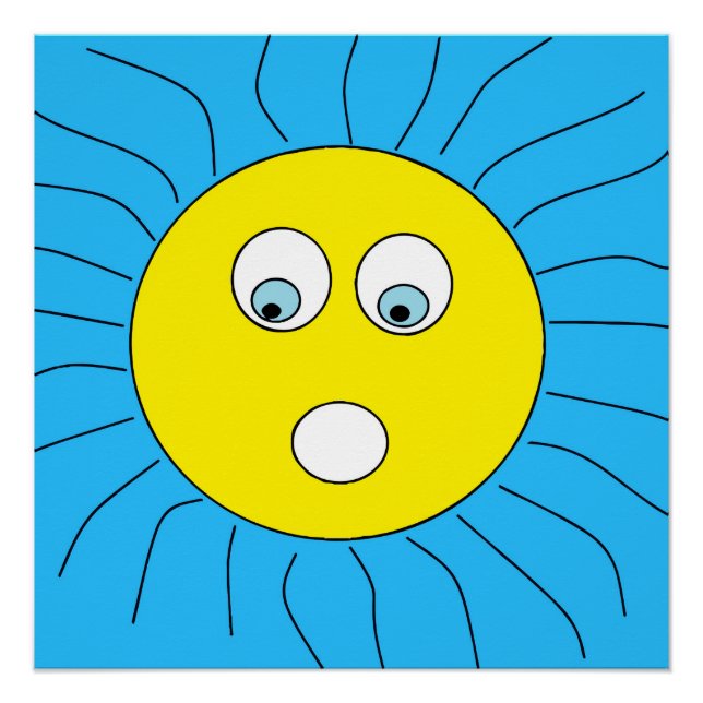 Fun Scared Expression Sun Face Drawing Blue Poster (Front)