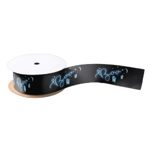 Fun Scary Black Night Neon Blue Halloween Ghost Satin Ribbon