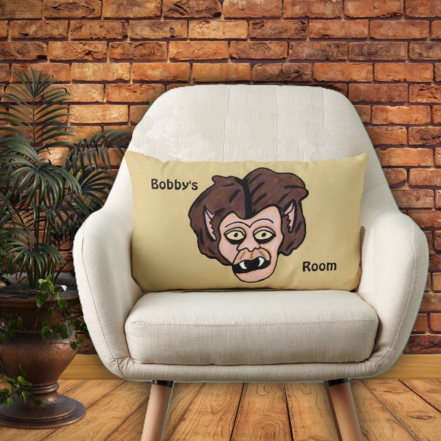 Fun Scary Cartoon Werewolf Fangs Brown Hair Lumbar Cushion (Funny werewolf face brown hair and fangs on tan home decor for kids room pillow.)