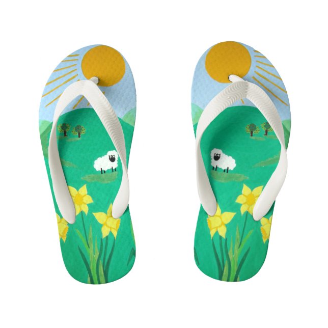 fun scenic illustration of cute sheep kid's jandals (Footbed)