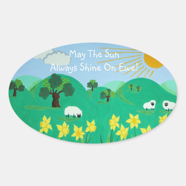 fun scenic illustration of cute sheep oval sticker (Front)