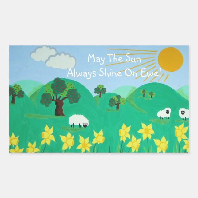 fun scenic illustration of cute sheep rectangular sticker (Front)