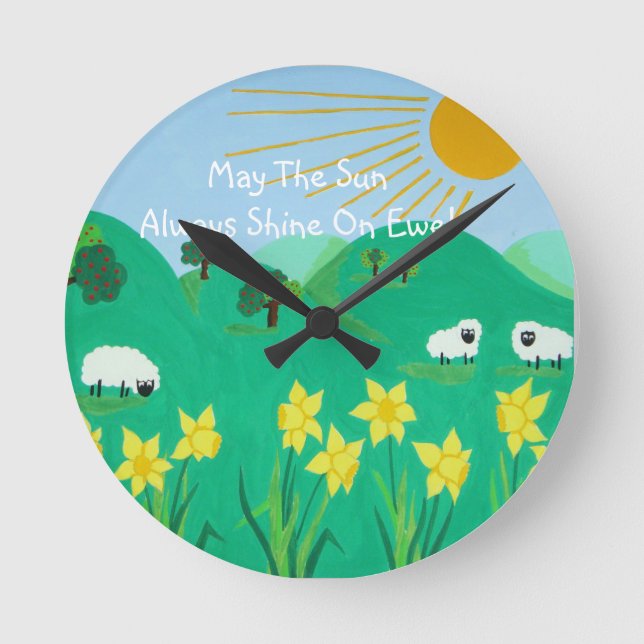 fun scenic illustration of cute sheep round clock (Front)