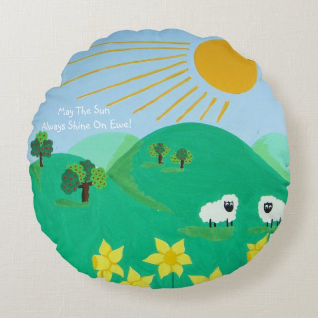 fun scenic illustration of cute sheep round cushion (Front)