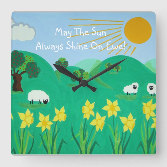 fun scenic illustration of cute sheep square wall clock (Front)