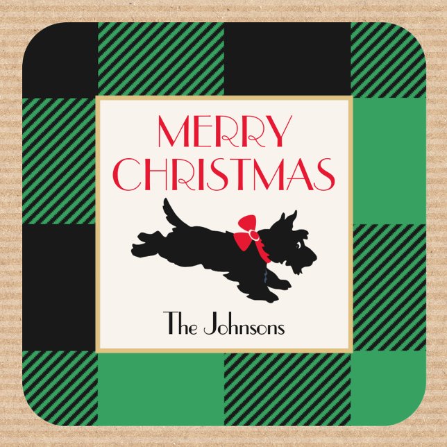Fun Scottie Dog Christmas Custom Name Green Square Sticker (Creator Uploaded)