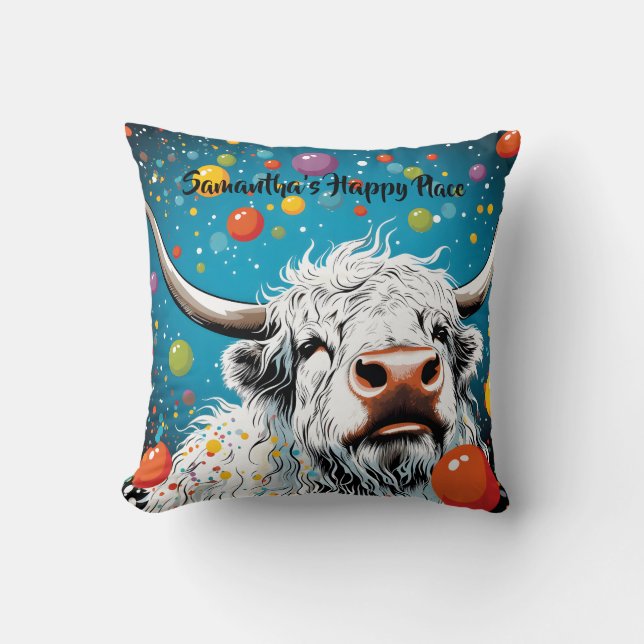 Fun Scottish Highland Cow with Bubbles. Editable Cushion (Front)