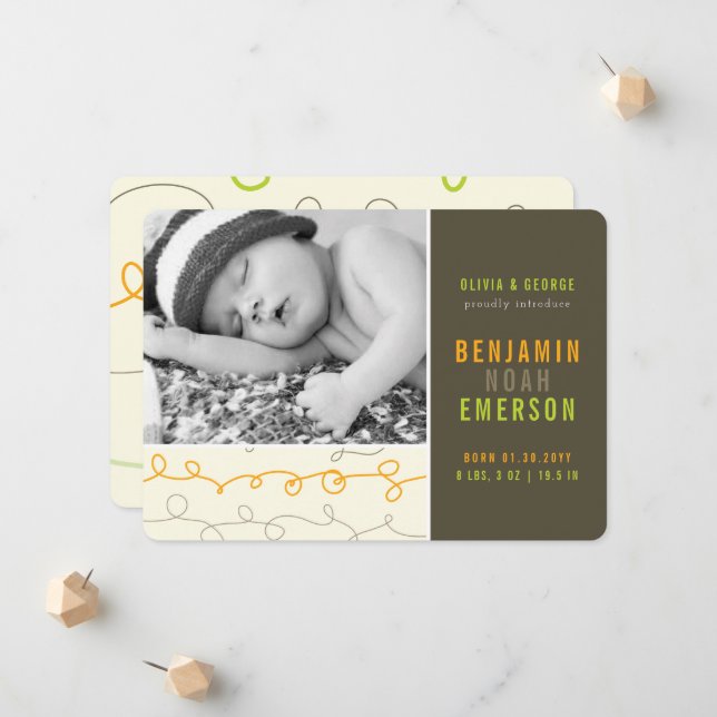 Fun Scribbles Baby Boy Photo Birth Announcement (Front/Back In Situ)