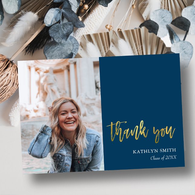 Fun Script Modern Blue Simple Photo Graduation Thank You Card (Creator Uploaded)