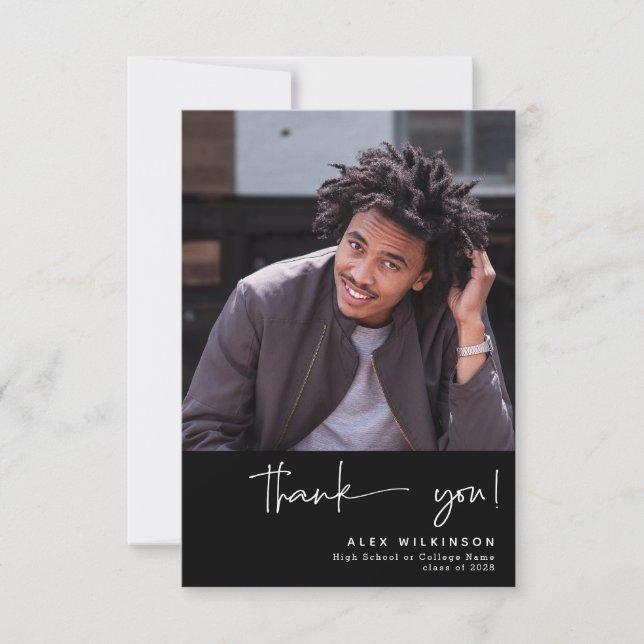 Fun Script Modern Photo Graduation Thank You Card (Front)