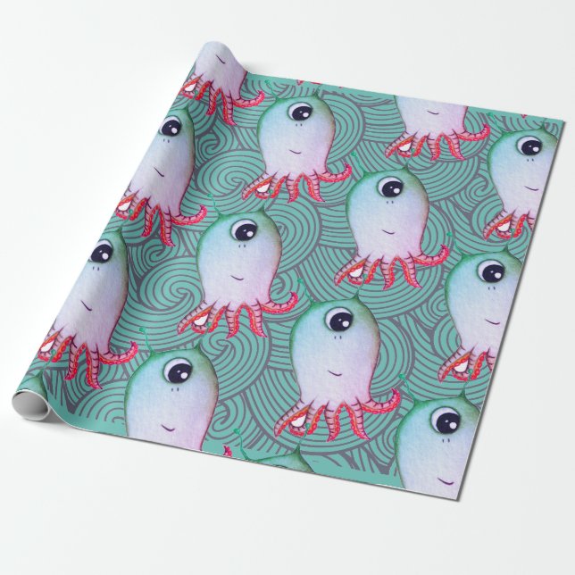 FUN SEA MONSTER JAPANESE WAVES Wrapping Paper (Unrolled)