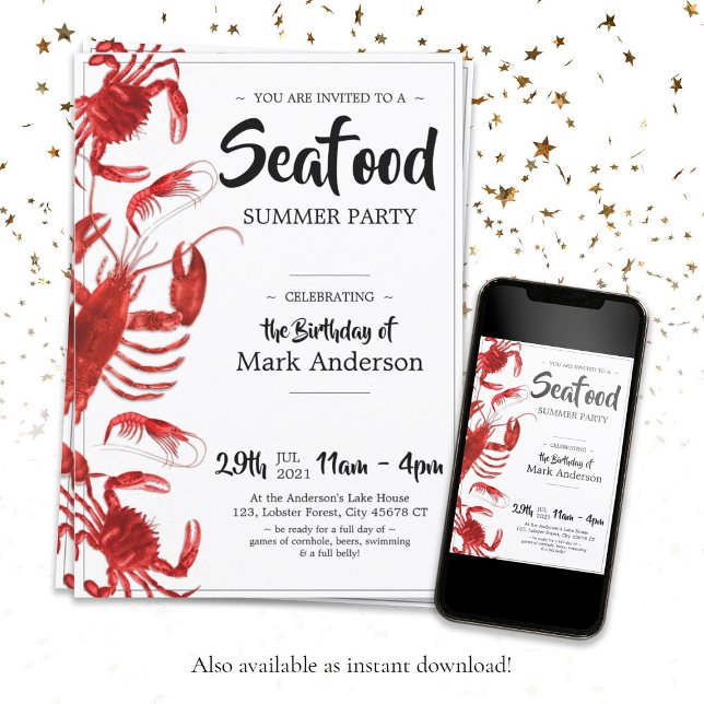 Fun Seafood Summer Birthday Party  Invitation (Fun Seafood Summer Birthday Party Invitation)