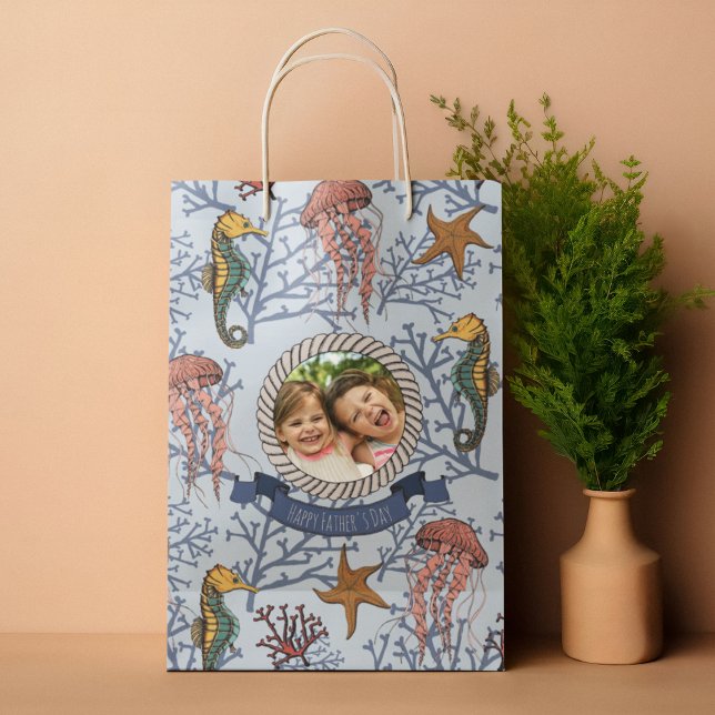 Fun Seahorse Ocean Animals Blue Medium Gift Bag (Hand-drawn Seahorse, Jellyfish, Starfish & Coral Navy Blue Gift Bag for Him. Editable Text and Photo)