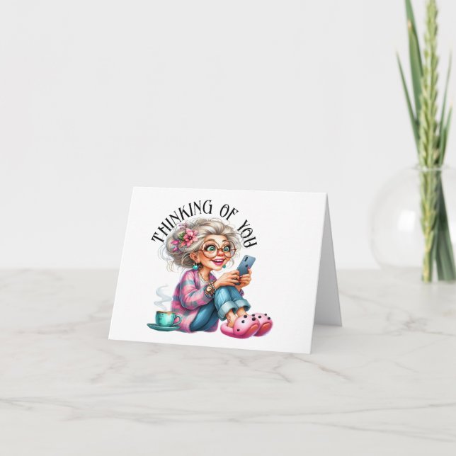 Fun Senior With Cell Phone Version 2 Note Card (Front)