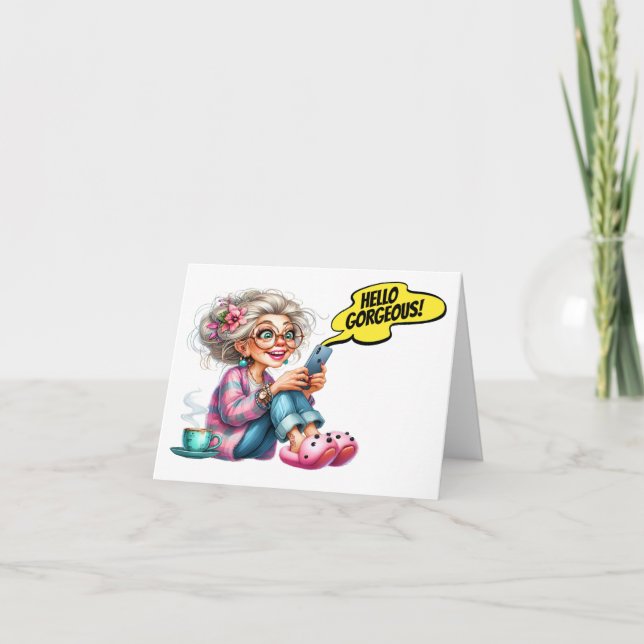 Fun Senior With Coffee and Cell Phone Note Card (Front)