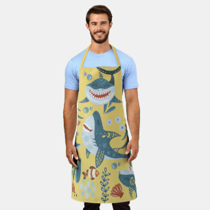Fun shark cartoon collage cute illustration YELLOW Apron