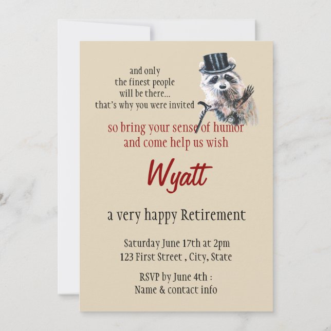 Fun Silly Formal Attire Racoon Animal Party Invitation (Back)