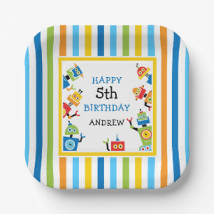 Fun Silly Robots Birthday Paper Plate colourful
