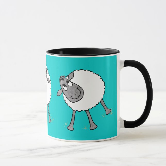 Fun Silly Sheep Ringer Mug, Turquoise Mug (Right)