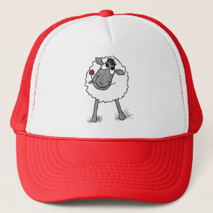 Fun Silly Sheep with Flower, Red Trucker Hat